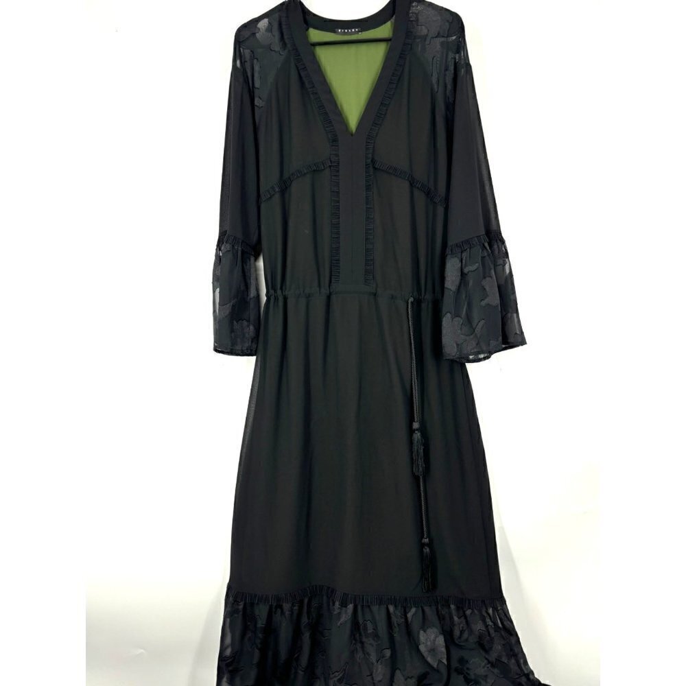 Vintage Sisley V-Neck‎ Lace Long Sleeve Belted Maxi Dress Black 6
